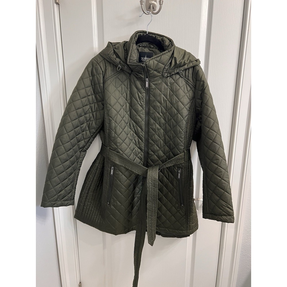 Tower by London Fog Olive Green Quilted Belted Jacket Hooded Plus 1X